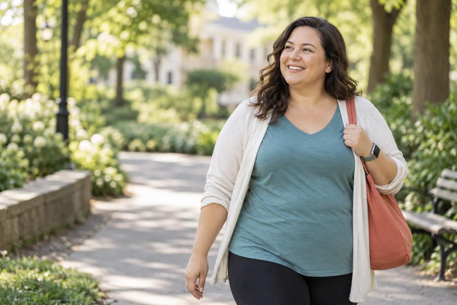 Adult smiling while walking outdoors