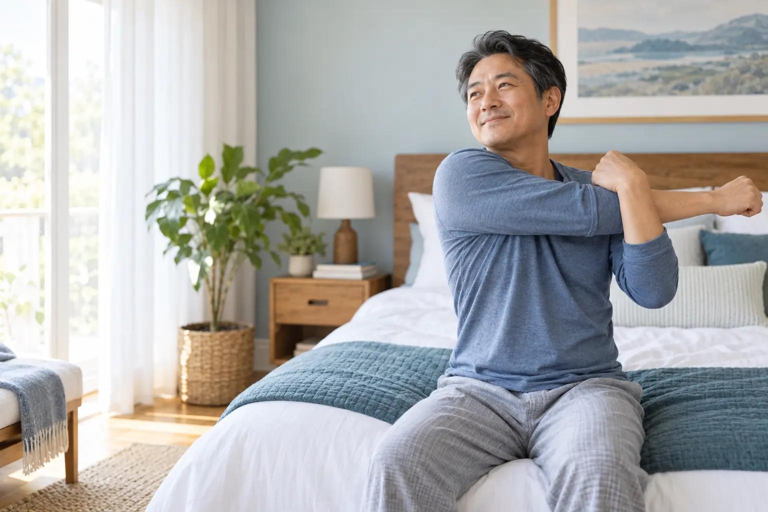 Adult beginning the morning in a bright bedroom