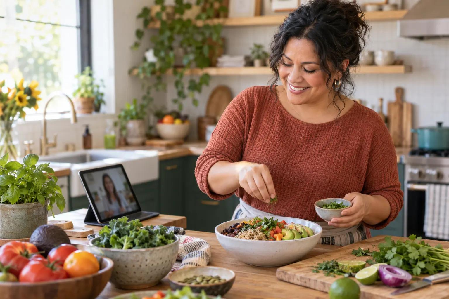 Adult preparing a meal during a video conversation