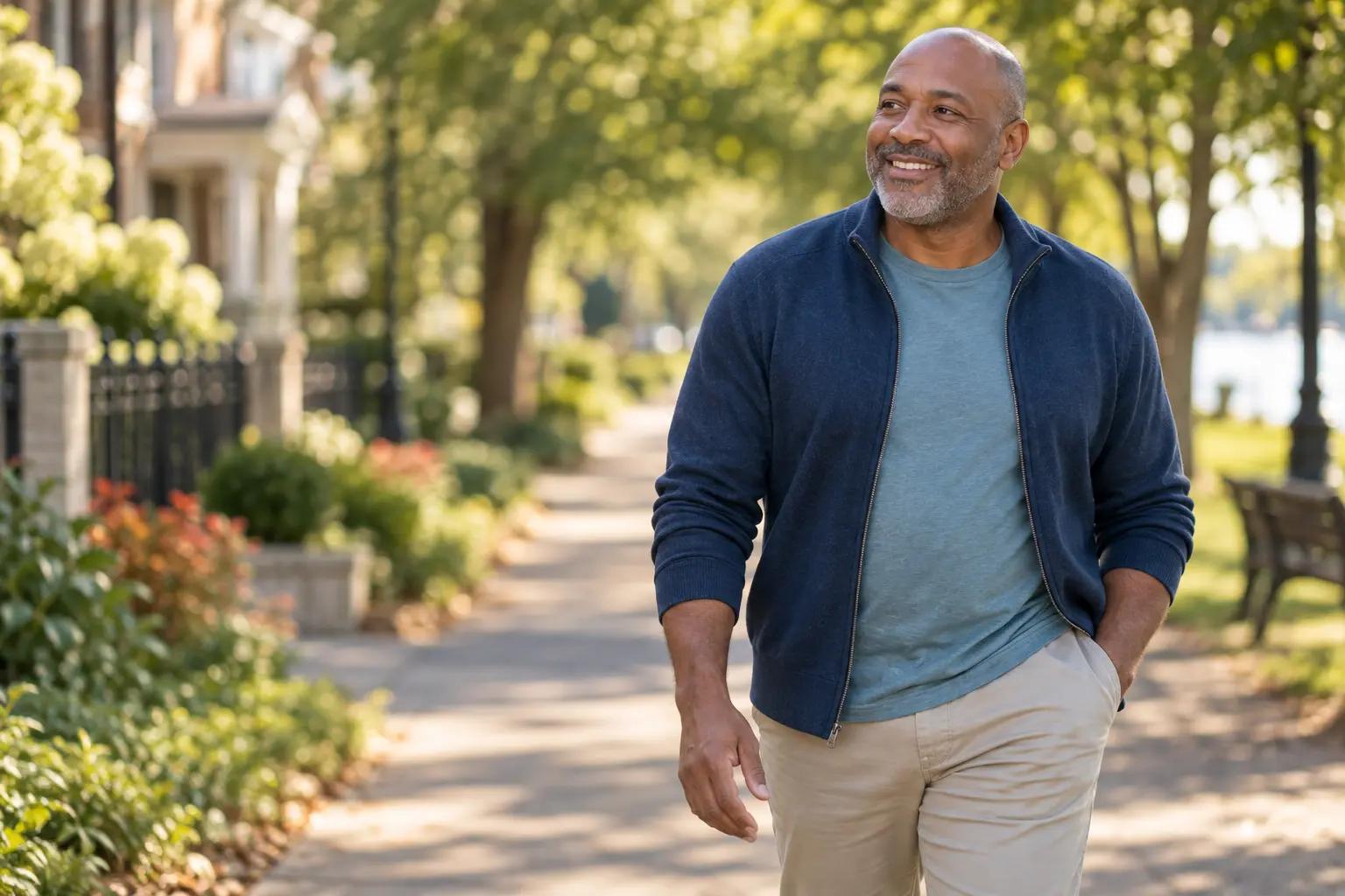 Adult smiling while walking outdoors