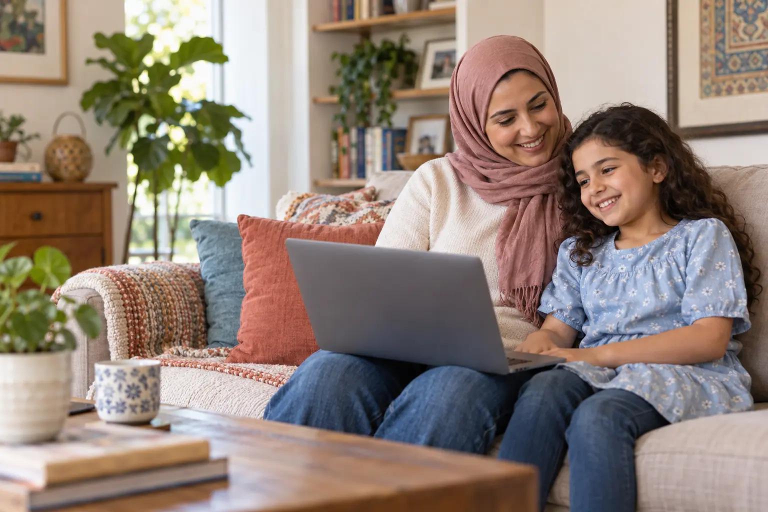 Parent and child using a laptop at home