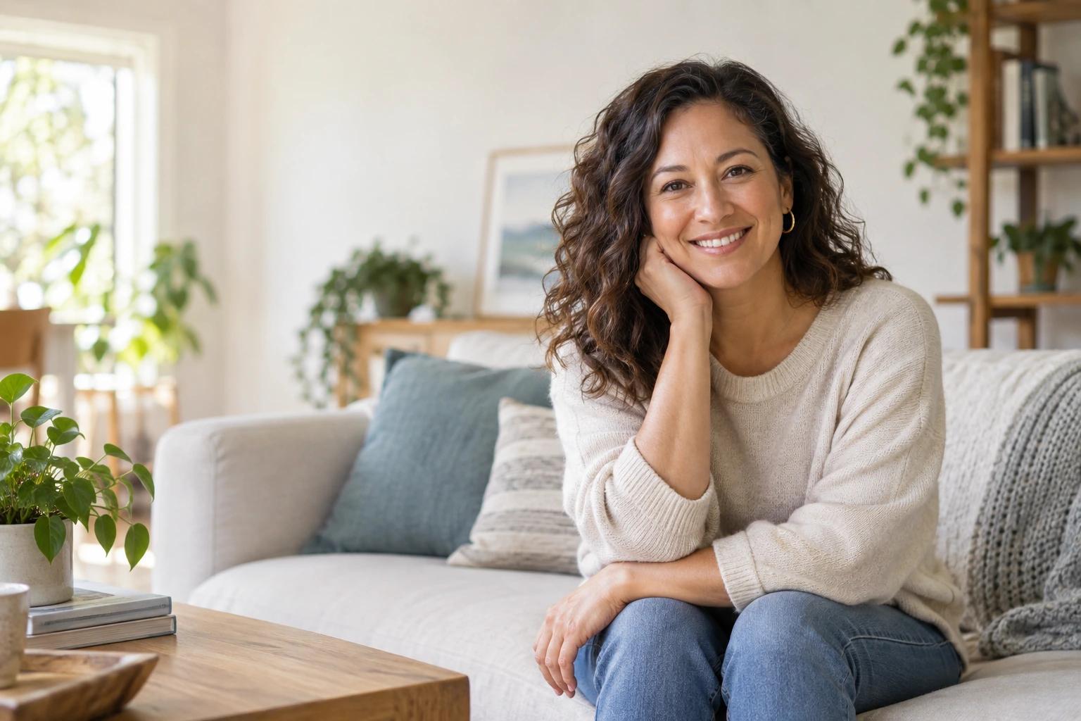 A smiling woman in a welcoming home setting