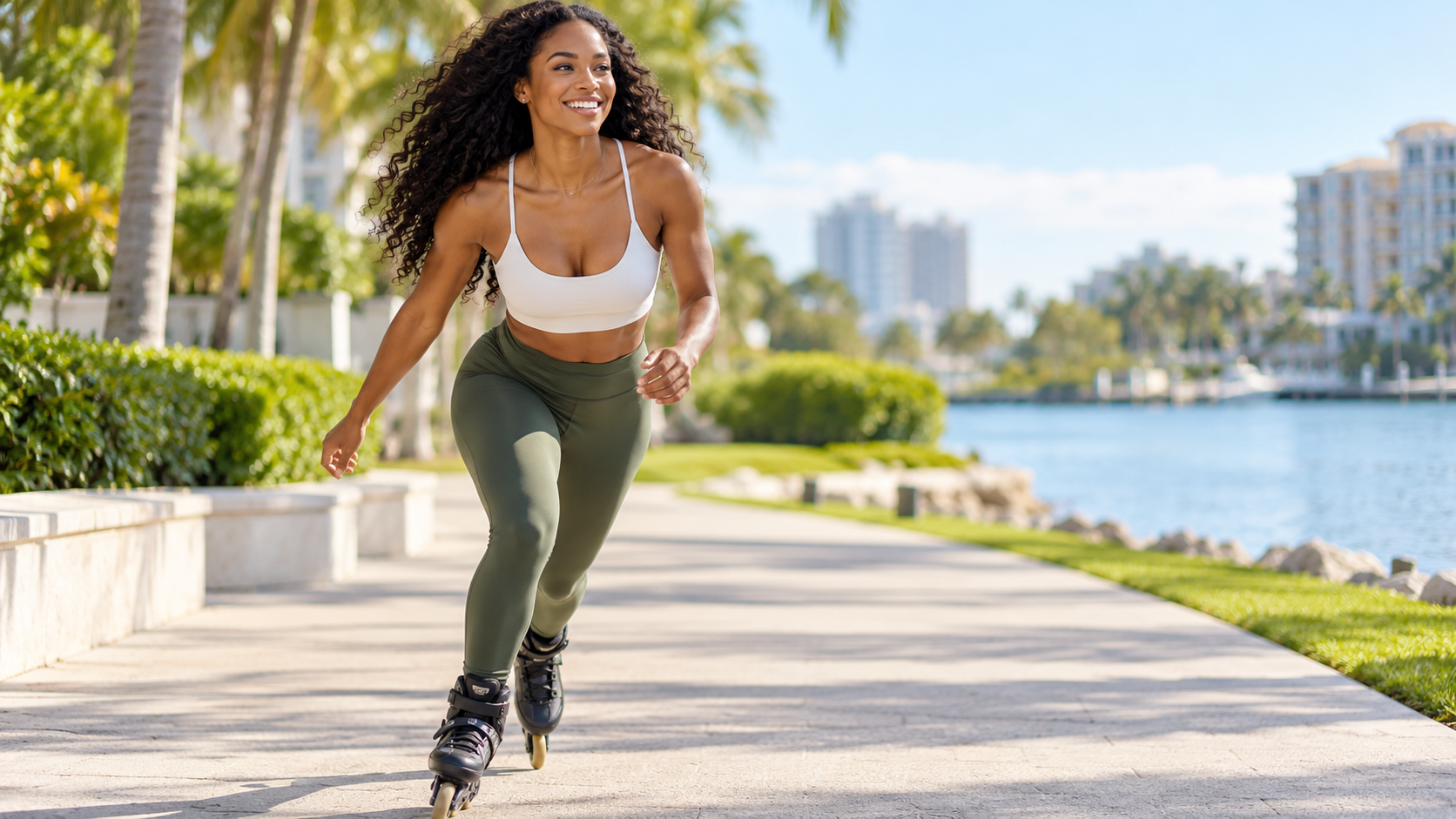 Smiling woman rollerblading along a sunny waterfront path — Oak Weight Loss Program