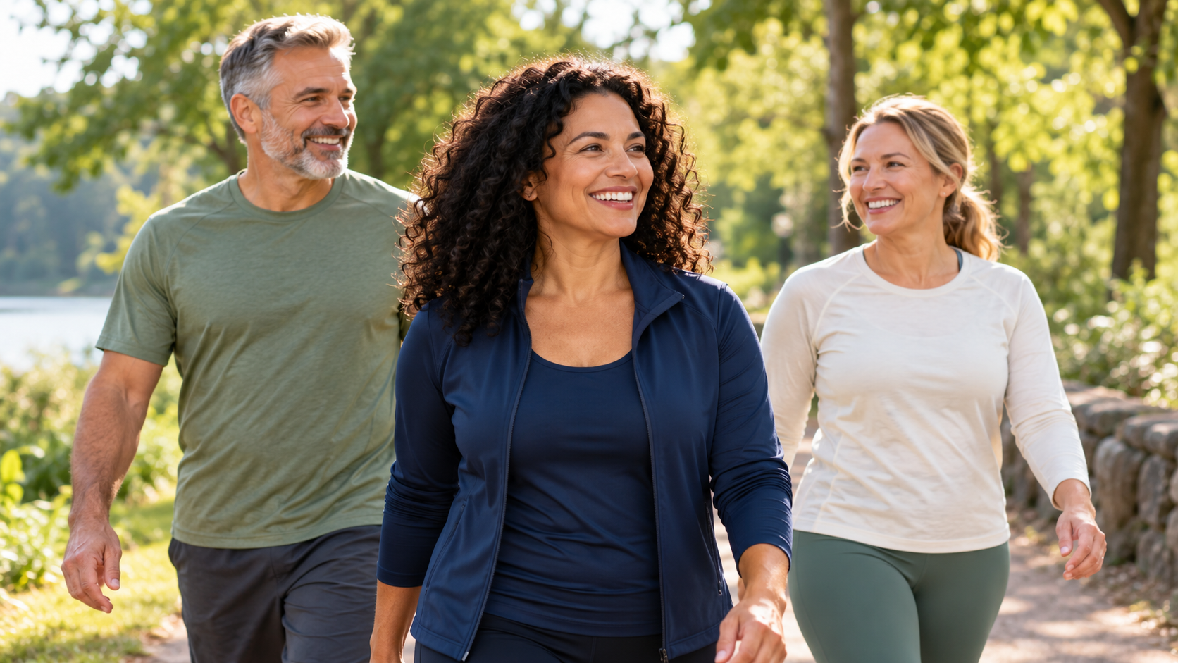 Three adults walking together outdoors in a park.