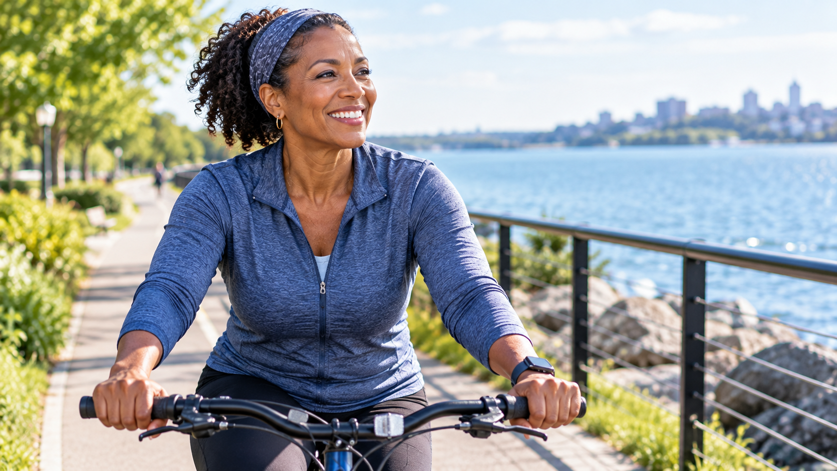 Woman smiling warmly at midlife wellness scene — Winona